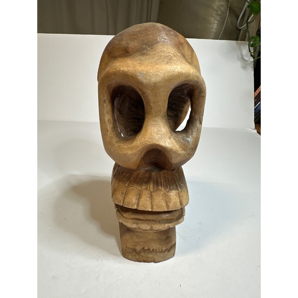 Hand Carved Wooden Skull Sculpture Folk Art Tribal Style Macabre Decor Oddity